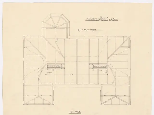 The image shows a drawing of a building with a lot of windows, which is a plan of the first floor...