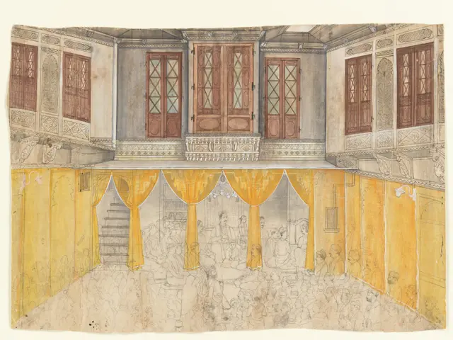 The image shows a drawing of a room with a lot of windows, doors, stairs, and curtains. The walls...