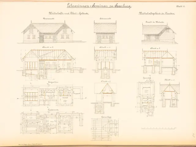 The image shows an open book with a drawing of a house on it. The book contains detailed plans and...