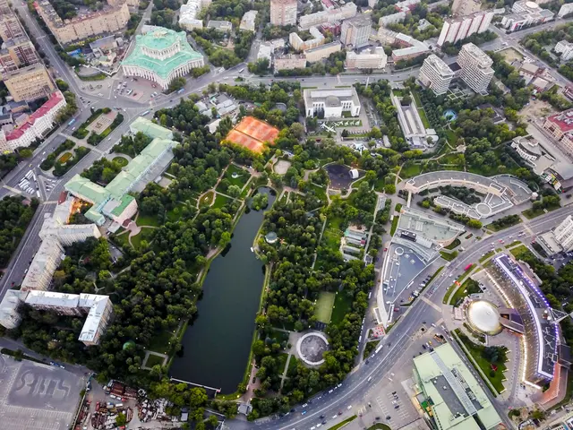 The image shows an aerial view of a city with lots of buildings, trees, roads, vehicles, grass,...