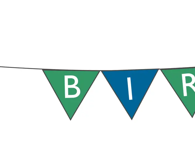 The image shows a happy birthday banner with red, green and blue pennants hanging from a string....