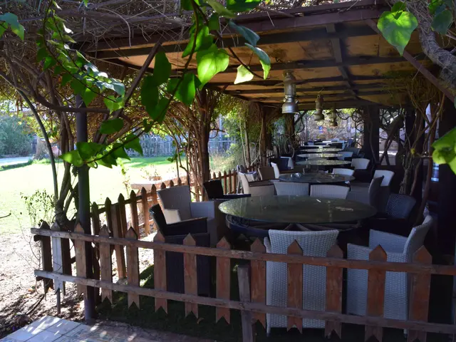 The image shows a patio with tables and chairs under a pergola surrounded by a wooden fence, with a...