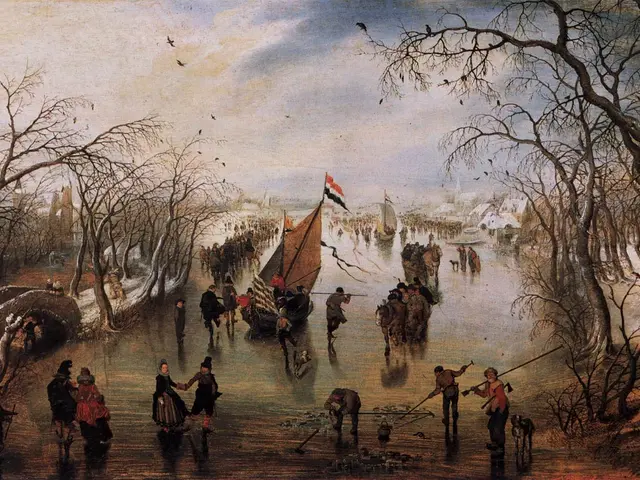 The image shows a winter landscape with skaters on a frozen river, surrounded by trees, houses, and...