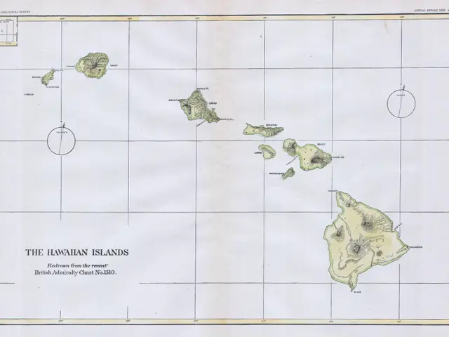 The image shows a paper with a map of the Hawaiian Islands, with text written on it. The map is...