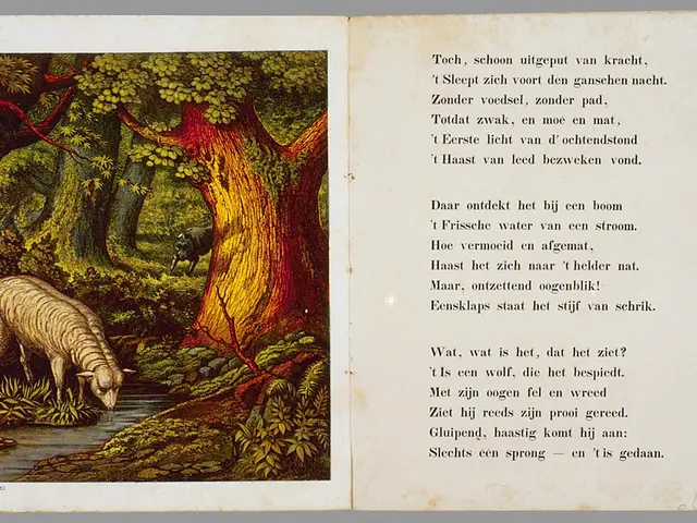The image shows an open book with a picture of a sheep grazing in the woods, surrounded by trees,...