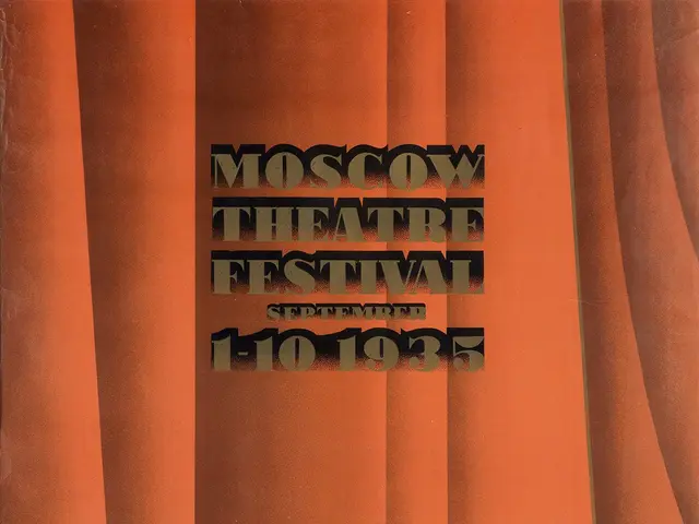 The image shows a poster for the Moscow Theatre Festival in 1935, featuring a person standing in...