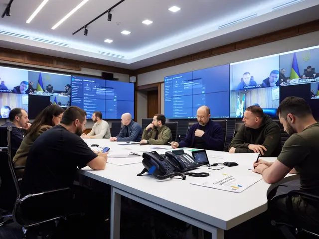 The image shows a group of people sitting around a table in front of a large screen, with...