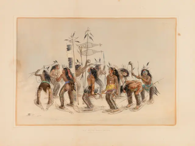 The image shows a group of Native American Indians dancing in the snow, with a photo frame...