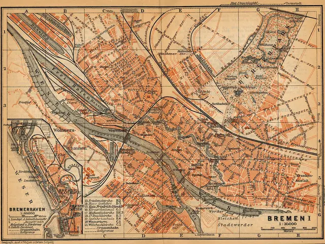 The image shows an old map of the city of Bremen, Germany, with text at the top and bottom of the...