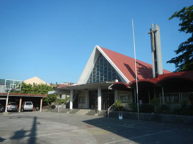 The image shows a church with a red roof and a basketball hoop in front of it, surrounded by...