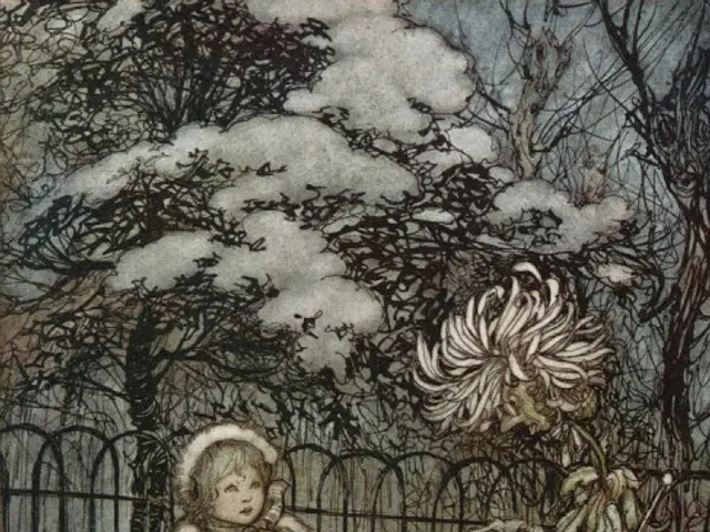The image shows a little girl standing in the snow next to a fence, surrounded by trees and a sky...