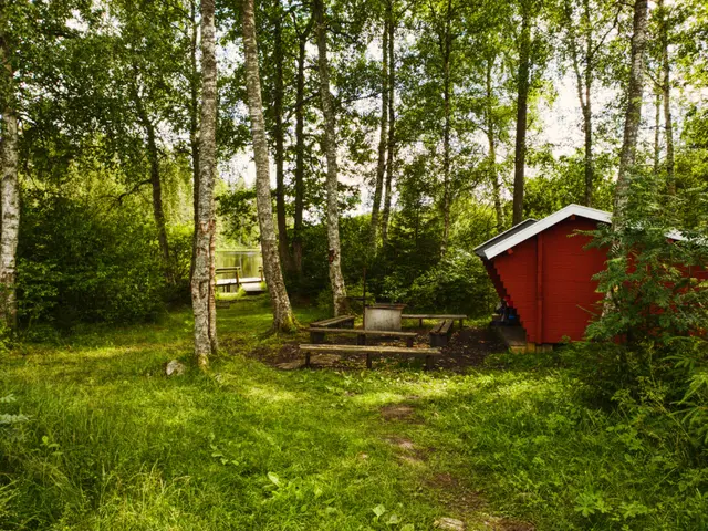 The image shows a red cabin nestled in the woods, surrounded by tall trees and lush green grass. In...