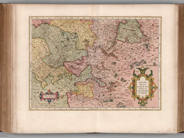 The image shows an open book with a map of Germany on it. The map is detailed and shows the various...