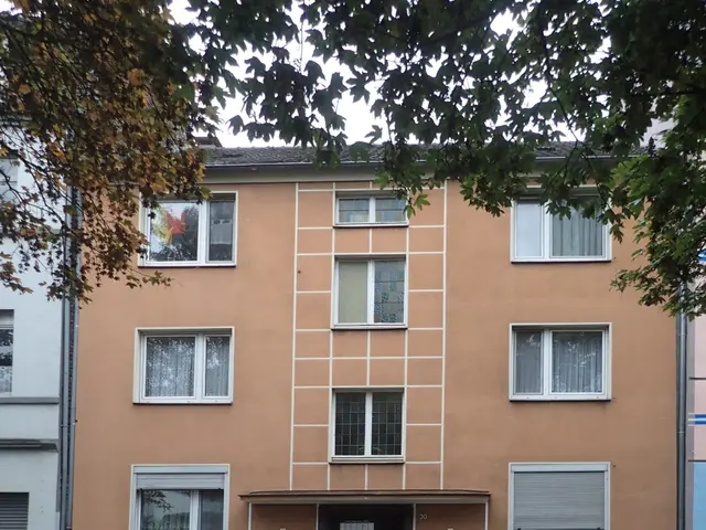 The image shows an apartment building with graffiti on the side of it, a road at the bottom, a tree...