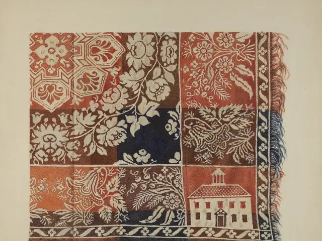 The image shows a piece of paper with a drawing of a house on it, which appears to be a tapestry....