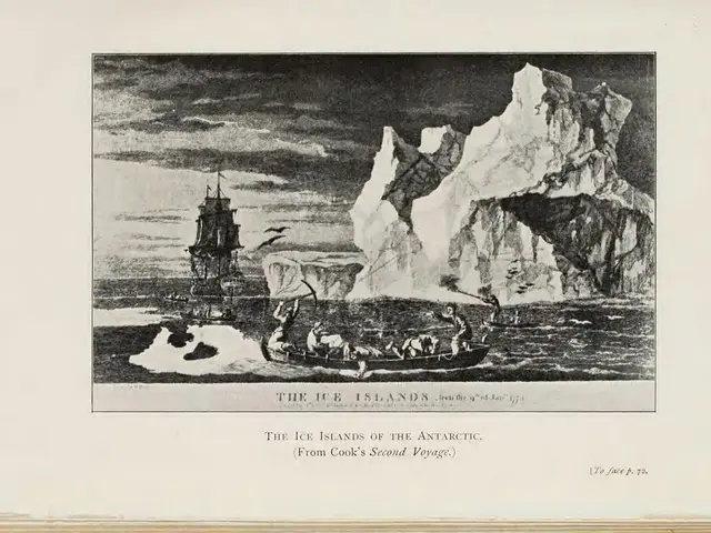 The image shows an old book with a picture of a boat in the ocean, surrounded by icebergs. The boat...