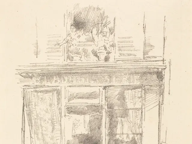 The image shows a drawing of a room with a window and a door, with a curtain draped over it. The...