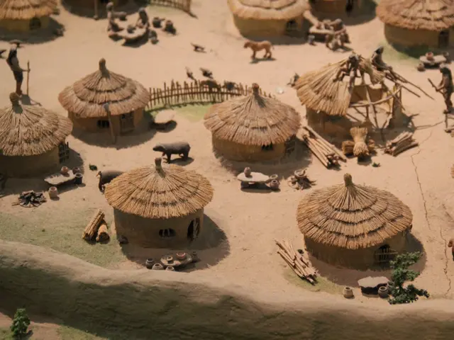 The image shows a model of a small village with huts, people, animals, wooden sticks, a fence,...