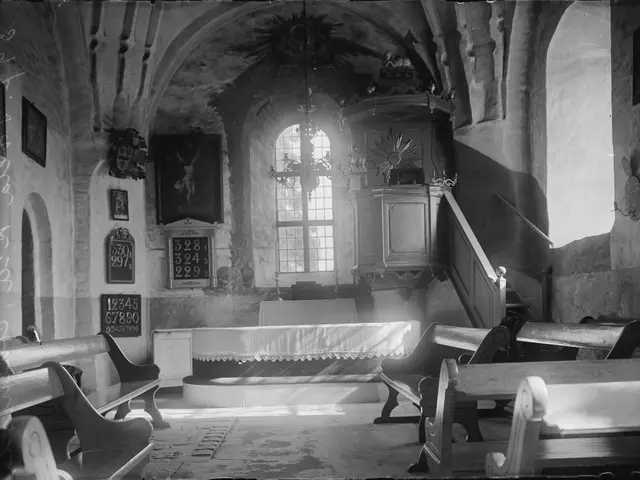 The image shows an old church with wooden pews, a table covered with a cloth, a chandelier hanging...
