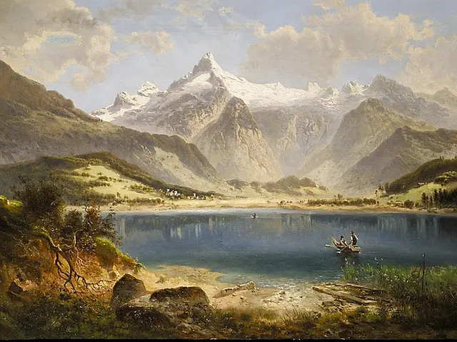 The image shows a painting of a mountain lake with a boat in the foreground, surrounded by lush...