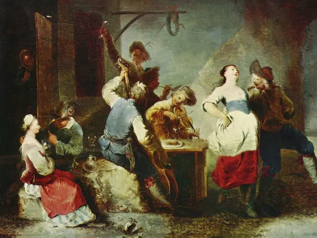 The image shows a painting of a group of people in a tavern, with a table in the center of the...