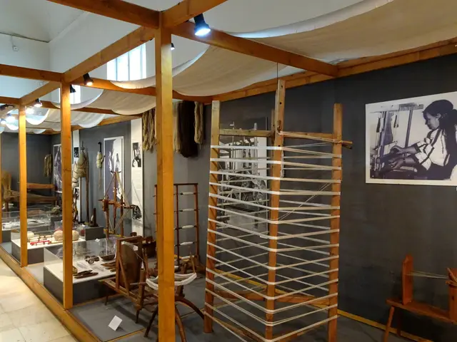 The image shows a room filled with lots of different types of furniture, including wooden poles,...