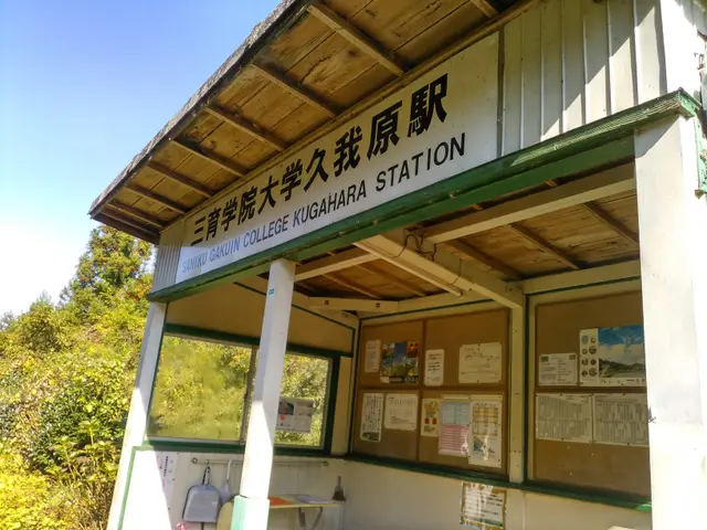 The image shows a small building with a sign on the side of it, surrounded by trees and a clear...