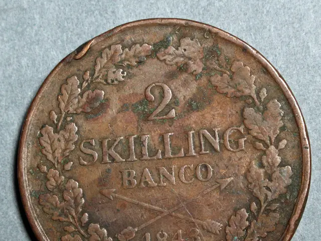 The image shows a copper coin with the words "Skilling Banco" written on it against a white...