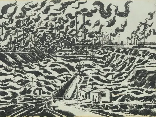 The image shows a black and white drawing of a factory with smoke billowing out of its chimneys,...
