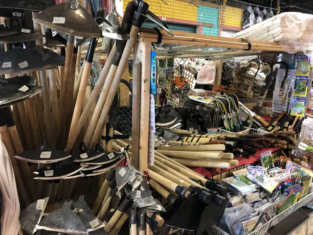 The image shows a store filled with lots of different types of gardening tools, such as hoes,...
