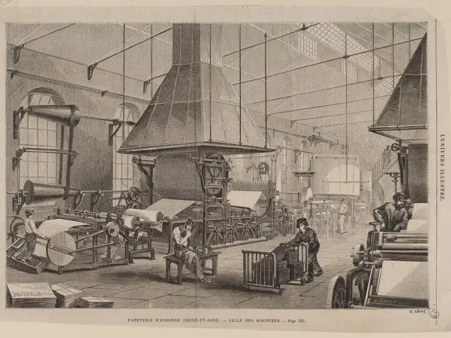 The image shows an engraving of a factory with people working on machines, a chimney, windows, and...