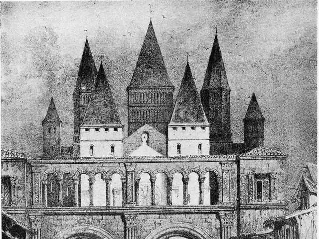 The image shows a black and white drawing of a castle with a clock tower in the background. At the...