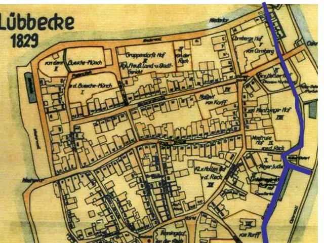 The image shows a poster of a map of the city of Lübeck, Germany, with text and a logo. The map is...