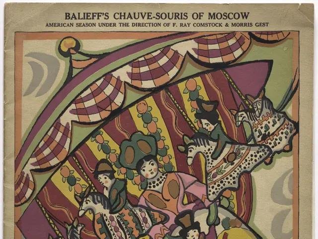 The image shows a book with a painting of a group of people riding horses on top of it. The...