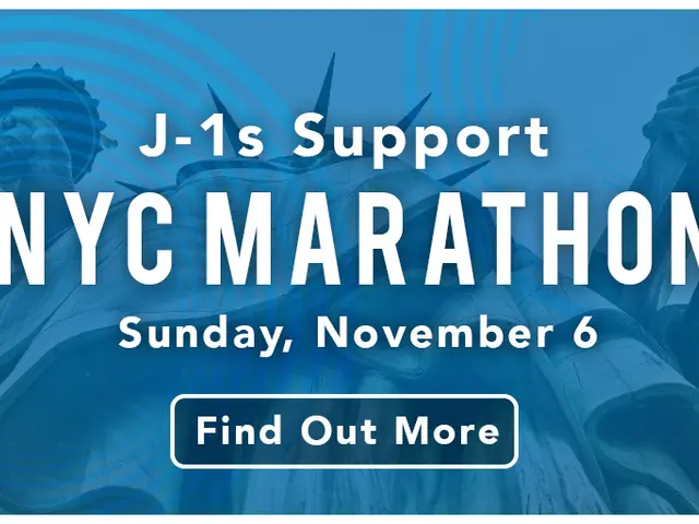 The image shows a poster with the text "j-1s support NYC Marathon" and a logo of the New York City...