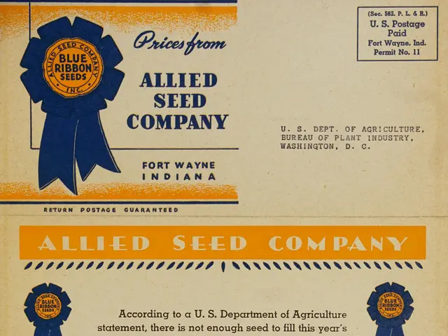 The image shows an old advertisement for Allied Seed Company with a blue ribbon on it. The paper...