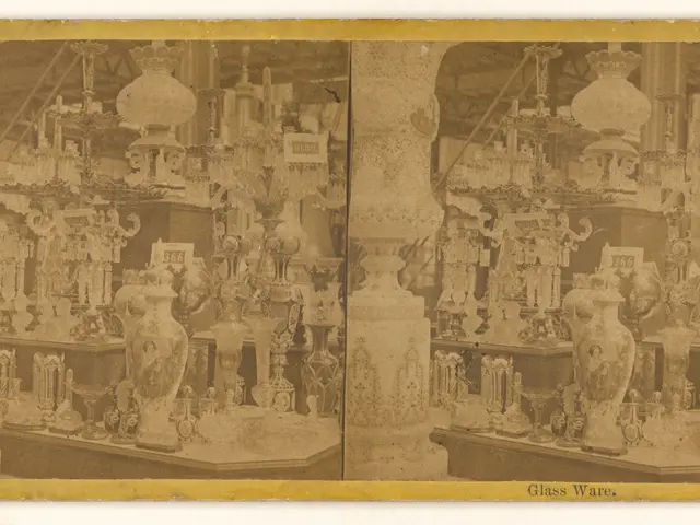 The image shows an old photo of a room filled with lots of vases and other decorative items on the...