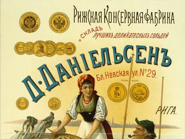 The image shows a poster advertising a fish market in Russia. It features a woman standing and...