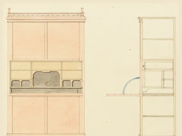 The image shows a drawing of a cabinet with a shelf and a door, as well as a cupboard and a rack....