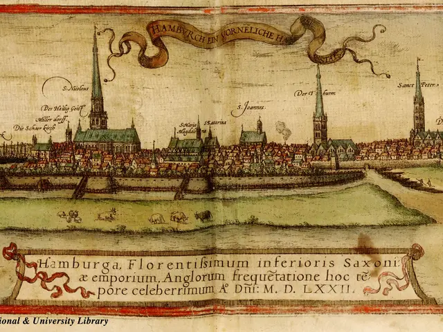 The image shows an old map of Hamburg, Germany, with boats in the water and buildings in the...