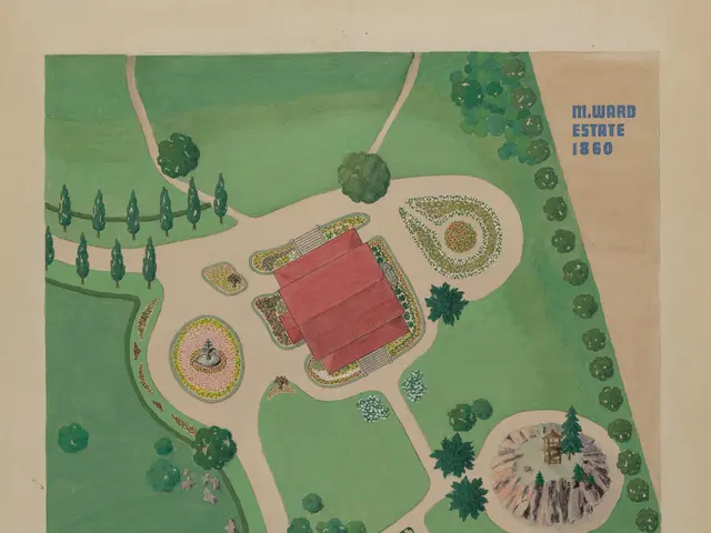 The image shows an aerial view of a park with a lot of trees, plants, grass, and houses. The paper...