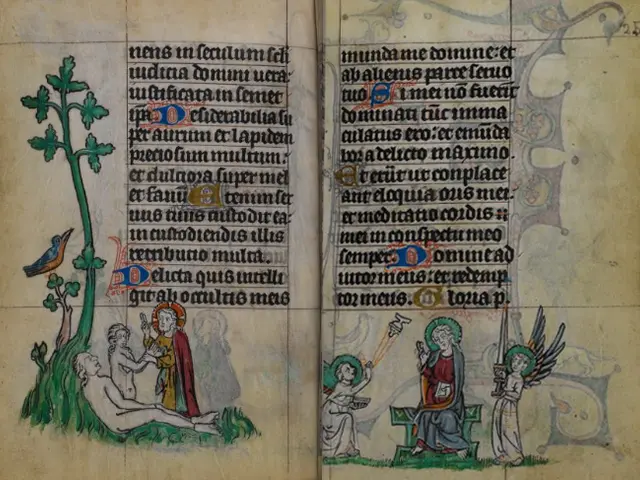 The image shows an open book with a painting of a man and a woman on it, along with some text. The...