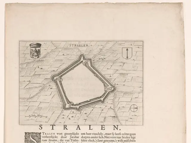 The image shows an old book with a map of a city on it. The map is detailed and shows the streets,...