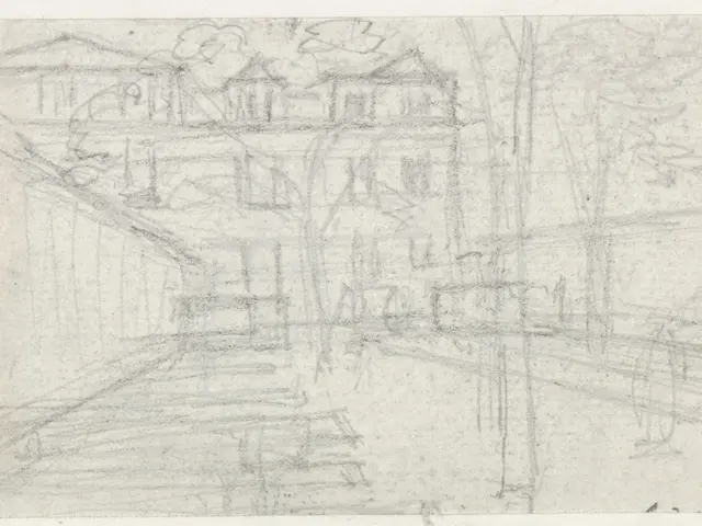 The image shows a drawing of a house in the woods, with trees surrounding it. The house is drawn in...