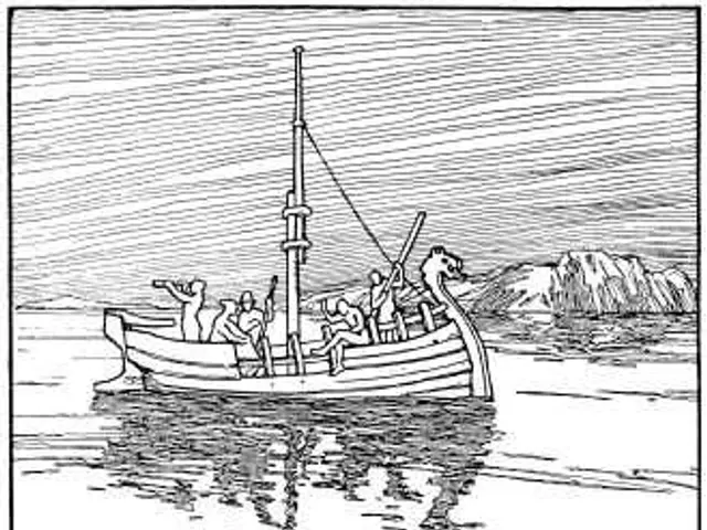 The image shows a black and white drawing of a boat with people in it, sailing on the water with a...