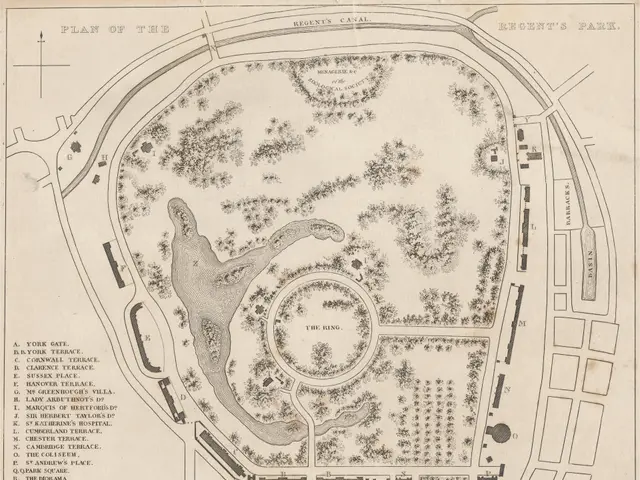 The image shows an old map of a park with a lot of trees and plants, as well as text written on the...
