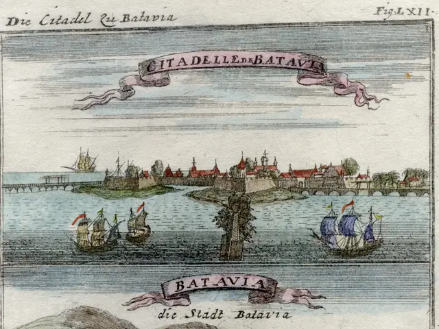 The image shows a poster with a drawing of a harbor with boats in the water and a city in the...