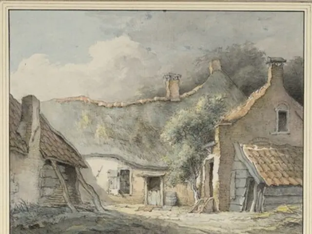 The image shows a painting of a village with thatched cottages, trees, and a sky in the background....