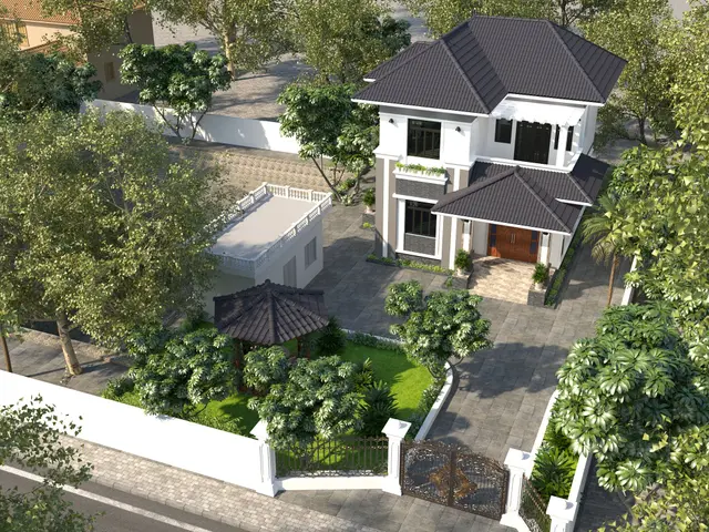 The image shows a 3D rendering of a modern house in the Philippines, surrounded by trees, plants,...
