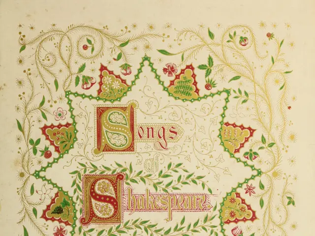 The image shows an old book with a floral design on it and the words "Songs of Shakespeare" written...